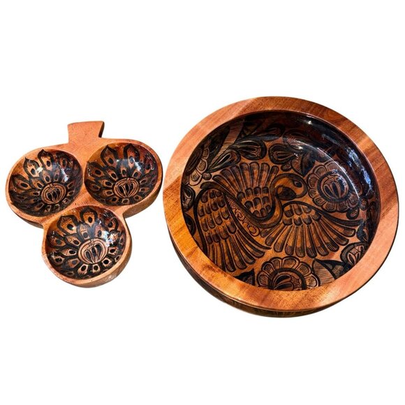 VTG Handmade Mexican Wooden Bowl Set Hand Painted Birds Signed Jose Angel Ixtapa - Picture 3 of 11
